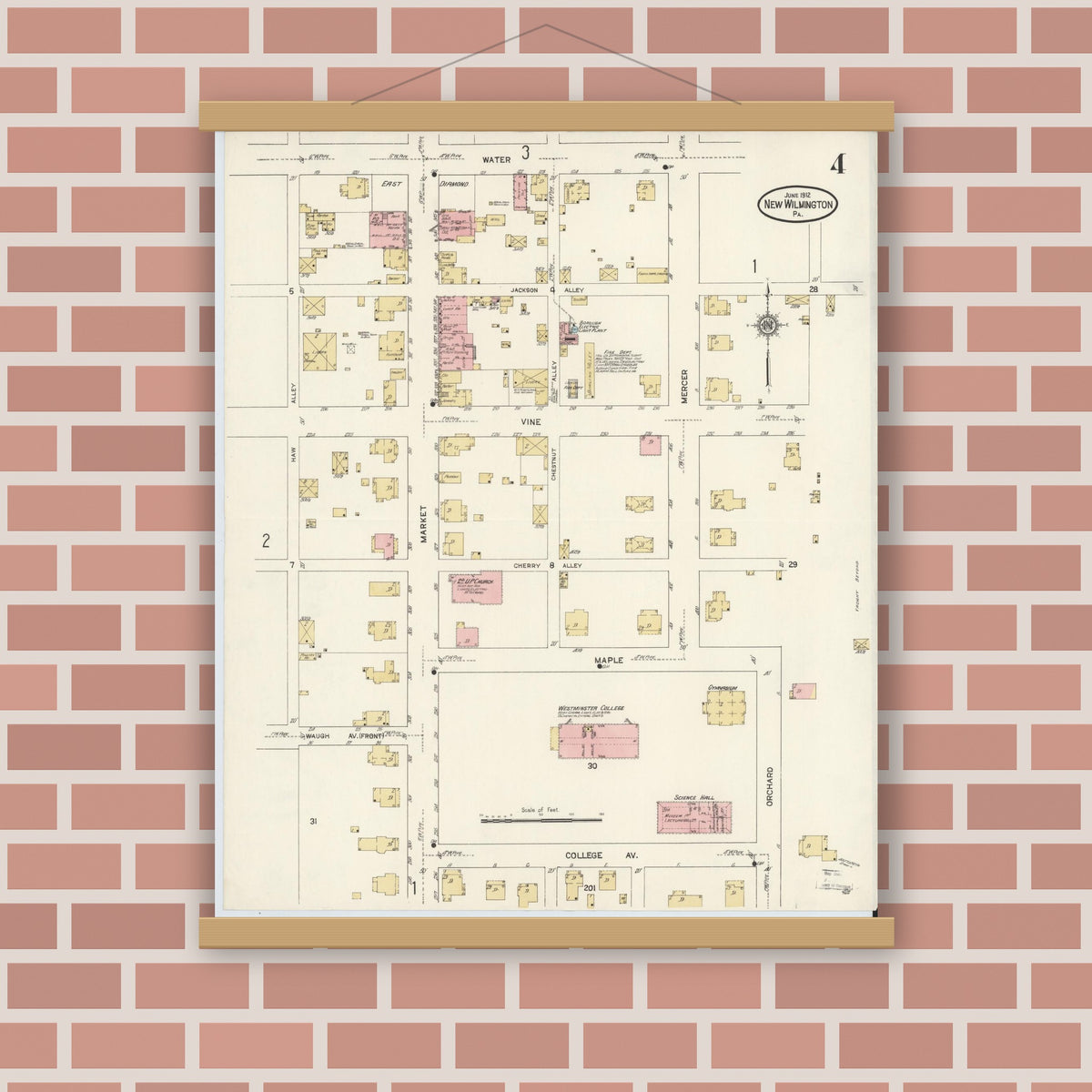 Old map wall art mockup — magnetic wood frame on brick wall — Sanborn Fire Insurance Map from New Wilmington, Lawrence County, Pennsylvania (1912), Sheet #0004