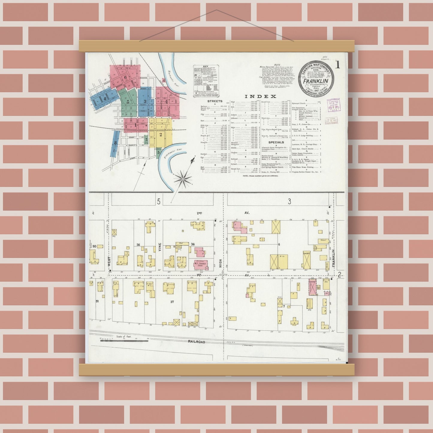 Old map wall art mockup — magnetic wood frame on brick wall — Sanborn Fire Insurance Map from Franklin, Independent Cities, Virginia (1907) - Complete Map Set