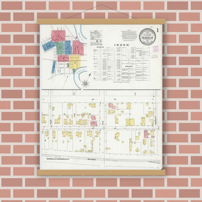 Old map wall art mockup — magnetic wood frame on brick wall — Sanborn Fire Insurance Map from Franklin, Independent Cities, Virginia (1907) - Complete Map Set