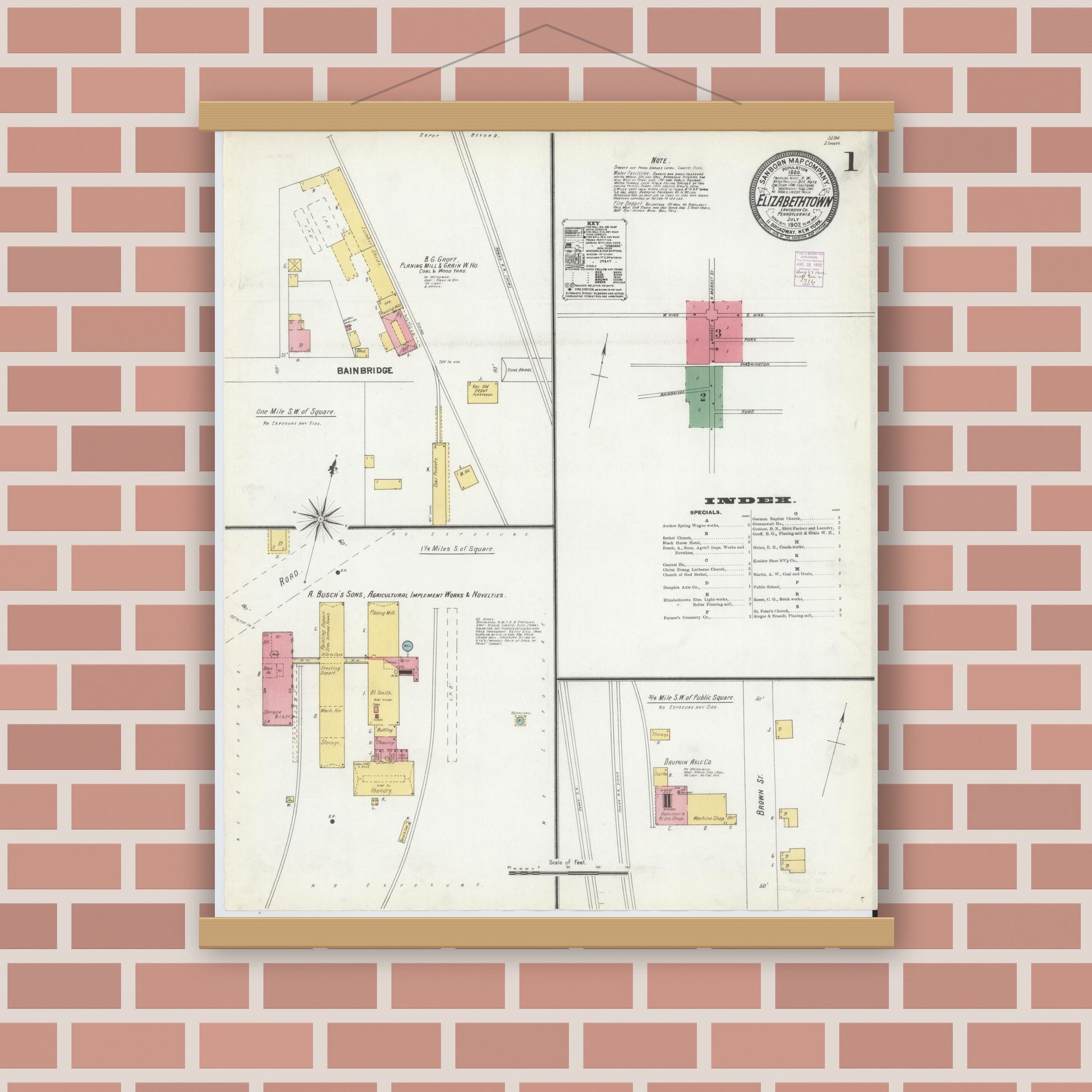 Old map wall art mockup — magnetic wood frame on brick wall — Sanborn Fire Insurance Map from Elizabethtown, Lancaster County, Pennsylvania (1902) - Complete Map Set