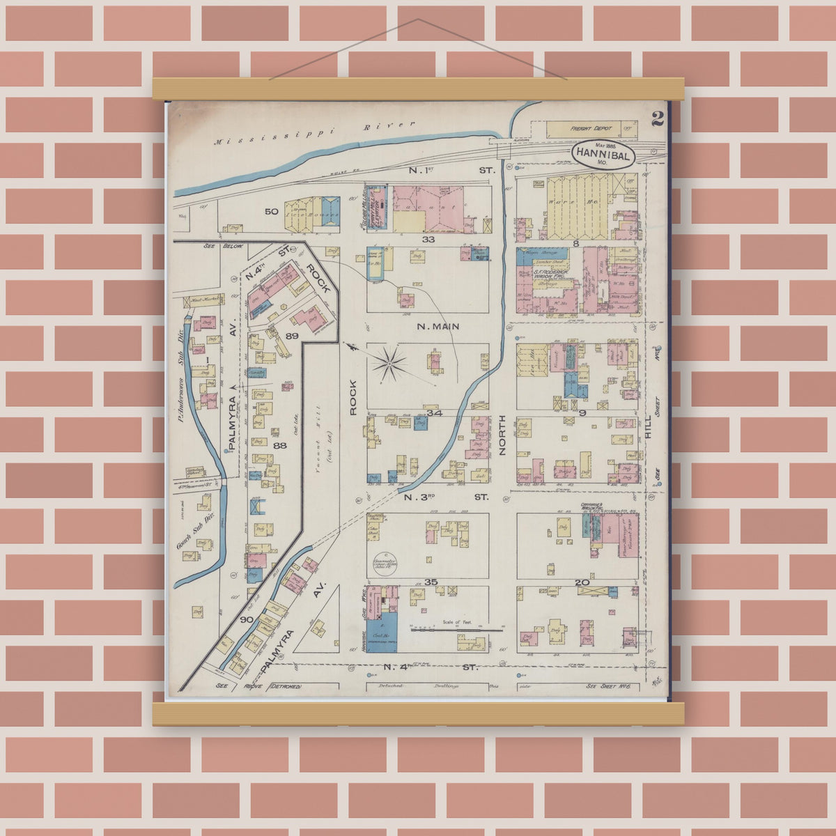 Old map wall art mockup — magnetic wood frame on brick wall — Sanborn Fire Insurance Map from Hannibal, Marion County, Missouri (1885), Sheet #0002