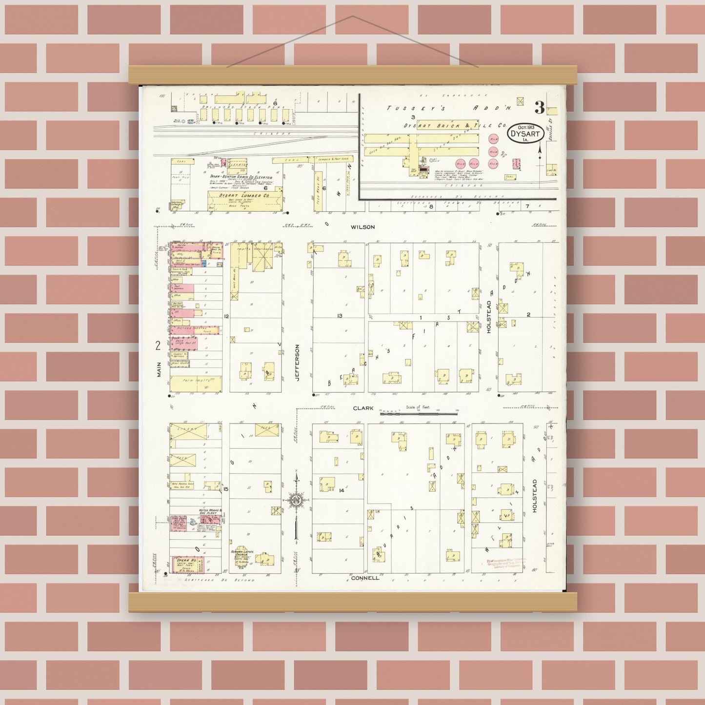 Old map wall art mockup — magnetic wood frame on brick wall — Sanborn Fire Insurance Map from Dysart, Tama County, Iowa (1913), Sheet #0003