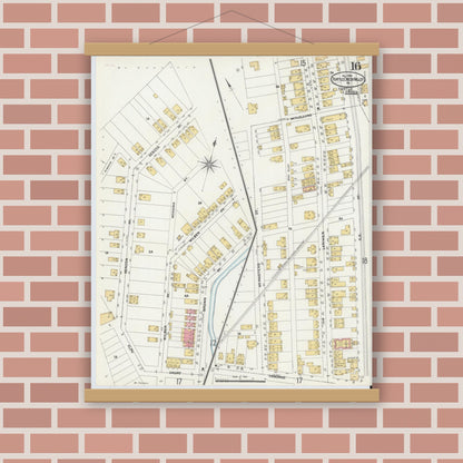 Old map wall art mockup — magnetic wood frame on brick wall — Sanborn Fire Insurance Map from Turtle Creek Valley, Allegheny County, Pennsylvania (1906), Sheet #0016