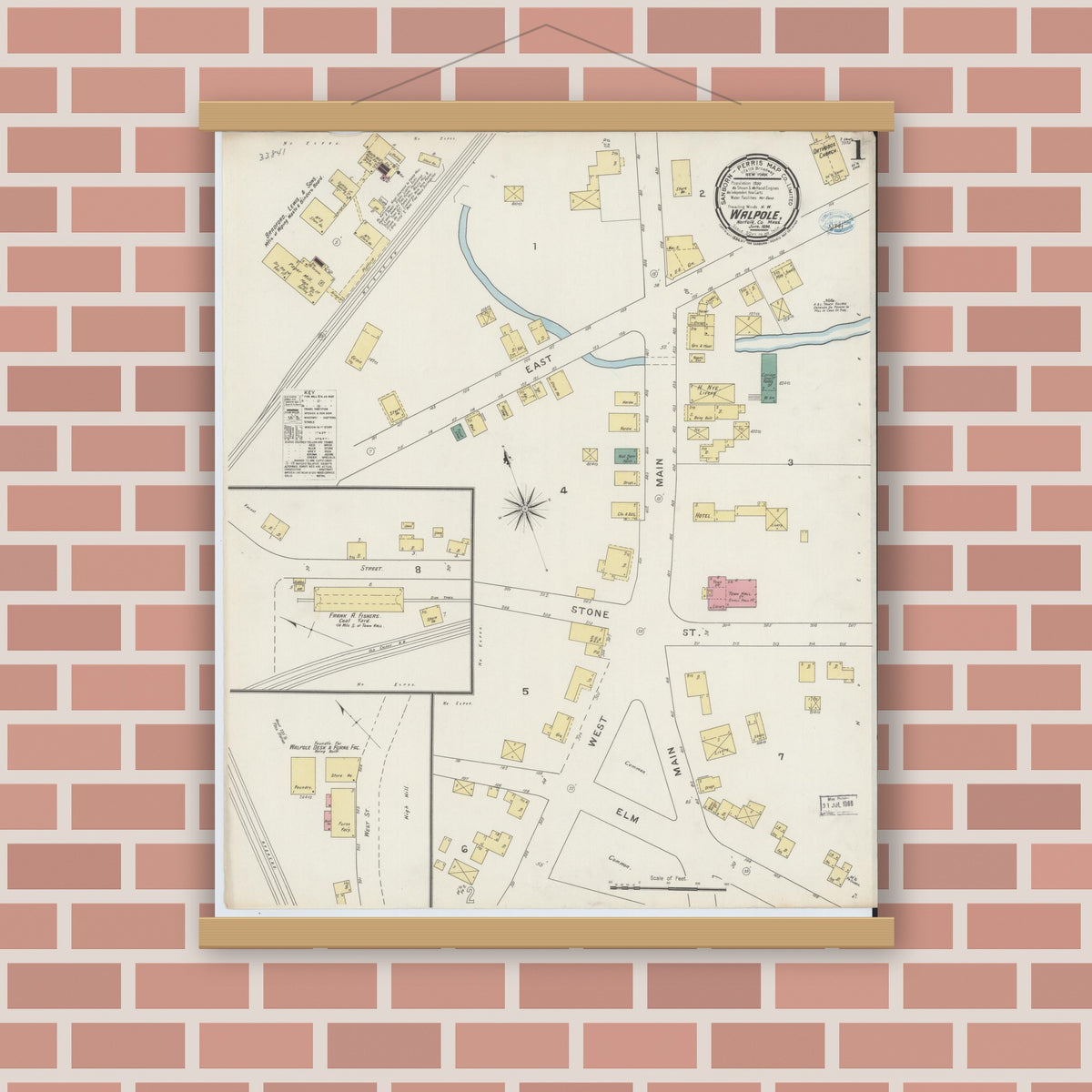 Old map wall art mockup — magnetic wood frame on brick wall — Sanborn Fire Insurance Map from Walpole, Norfolk County, Massachusetts (1894) - Complete Map Set
