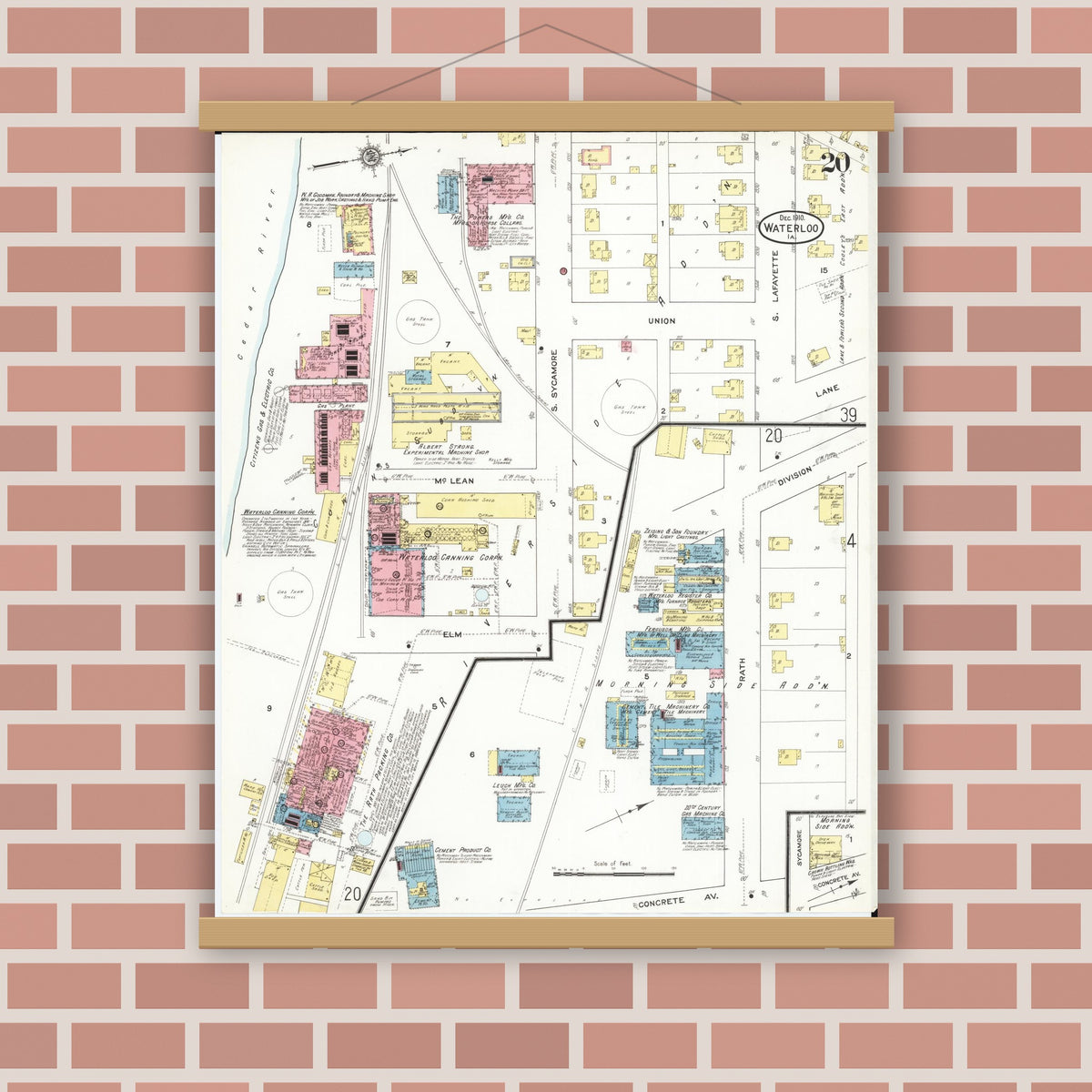 Old map wall art mockup — magnetic wood frame on brick wall — Sanborn Fire Insurance Map from Waterloo, Black Hawk County, Iowa (1910), Sheet #0020