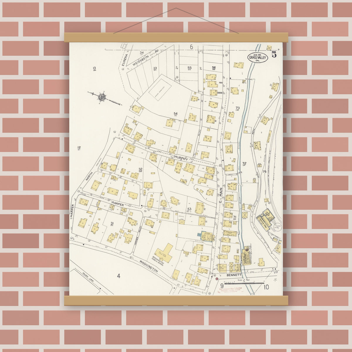 Old map wall art mockup — magnetic wood frame on brick wall — Sanborn Fire Insurance Map from Grass Valley, Nevada County, California (1912), Sheet #0005