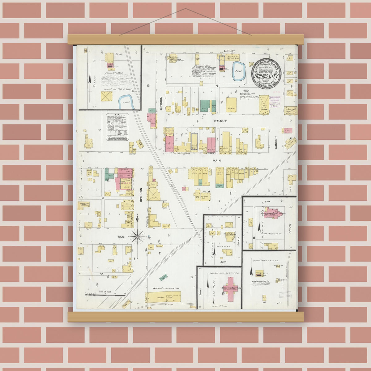 Old map wall art mockup — magnetic wood frame on brick wall — Sanborn Fire Insurance Map from Norris City, White County, Illinois (1906), Sheet #0001