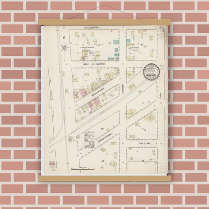 Old map wall art mockup — magnetic wood frame on brick wall — Sanborn Fire Insurance Map from Normal, McLean County, Illinois (1885), Sheet #0001