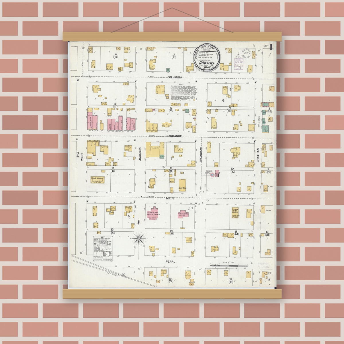 Old map wall art mockup — magnetic wood frame on brick wall — Sanborn Fire Insurance Map from Danvers, McLean County, Illinois (1901) - Complete Map Set