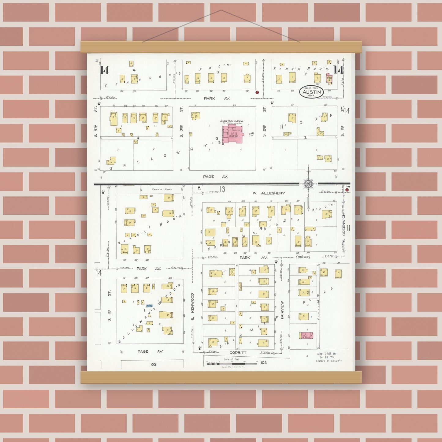 Old map wall art mockup — magnetic wood frame on brick wall — Sanborn Fire Insurance Map from Austin, Mower County, Minnesota (1926), Sheet #0014