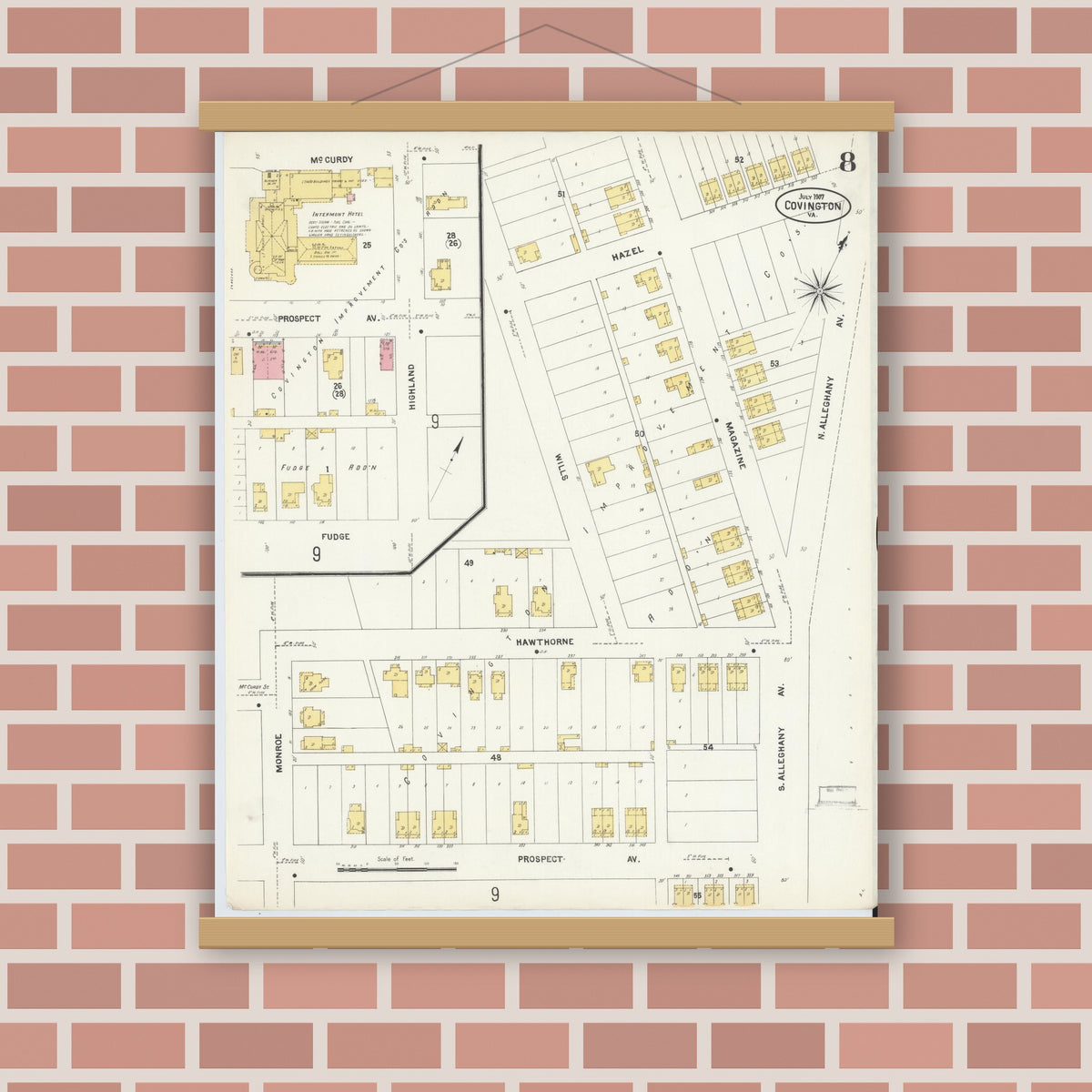 Old map wall art mockup — magnetic wood frame on brick wall — Sanborn Fire Insurance Map from Covington, Independent Cities, Virginia (1907), Sheet #0008