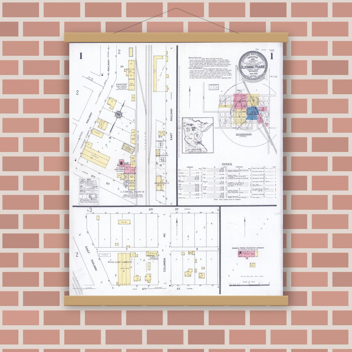 Old map wall art mockup — magnetic wood frame on brick wall — Sanborn Fire Insurance Map from Blooming Prairie, Steele County, Minnesota (1927) - Complete Map Set