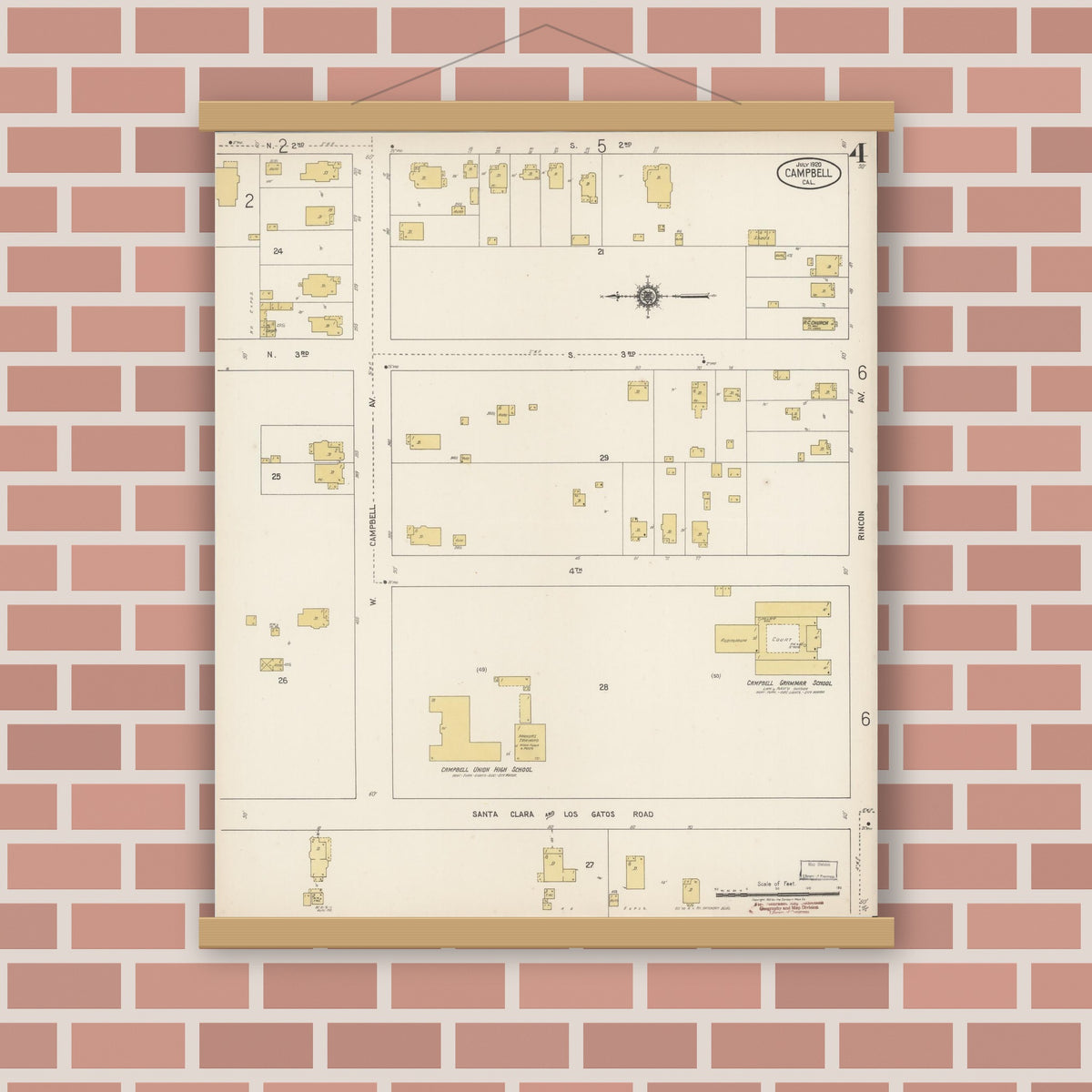 Old map wall art mockup — magnetic wood frame on brick wall — Sanborn Fire Insurance Map from Campbell, Santa Clara County, California (1920), Sheet #0004