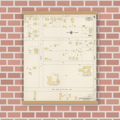 Old map wall art mockup — magnetic wood frame on brick wall — Sanborn Fire Insurance Map from Campbell, Santa Clara County, California (1920), Sheet #0004
