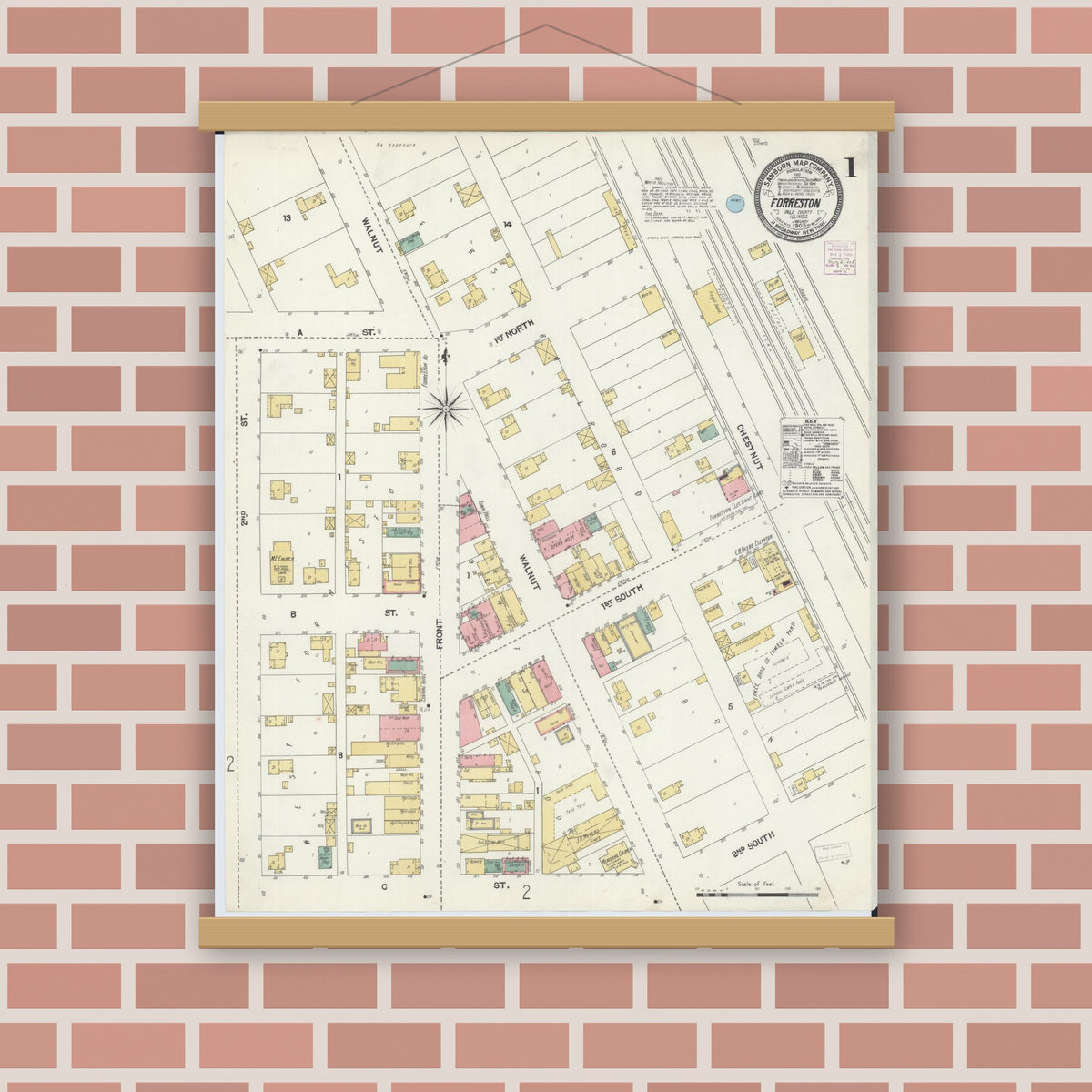 Old map wall art mockup — magnetic wood frame on brick wall — Sanborn Fire Insurance Map from Forreston, Ogle County, Illinois (1905) - Complete Map Set