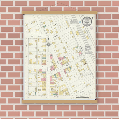 Old map wall art mockup — magnetic wood frame on brick wall — Sanborn Fire Insurance Map from Forreston, Ogle County, Illinois (1905) - Complete Map Set