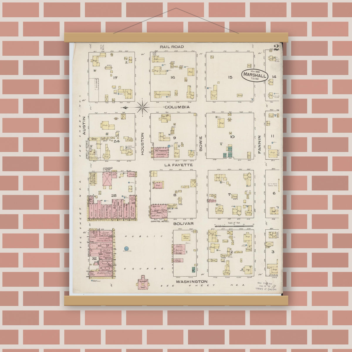 Old map wall art mockup — magnetic wood frame on brick wall — Sanborn Fire Insurance Map from Marshall, Harrison County, Texas (1885), Sheet #0002