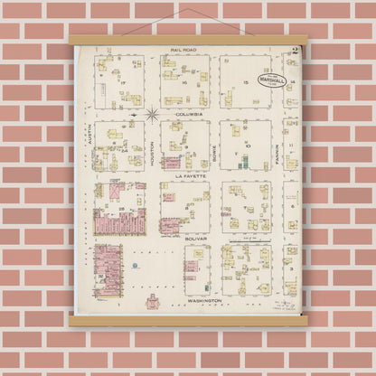 Old map wall art mockup — magnetic wood frame on brick wall — Sanborn Fire Insurance Map from Marshall, Harrison County, Texas (1885), Sheet #0002