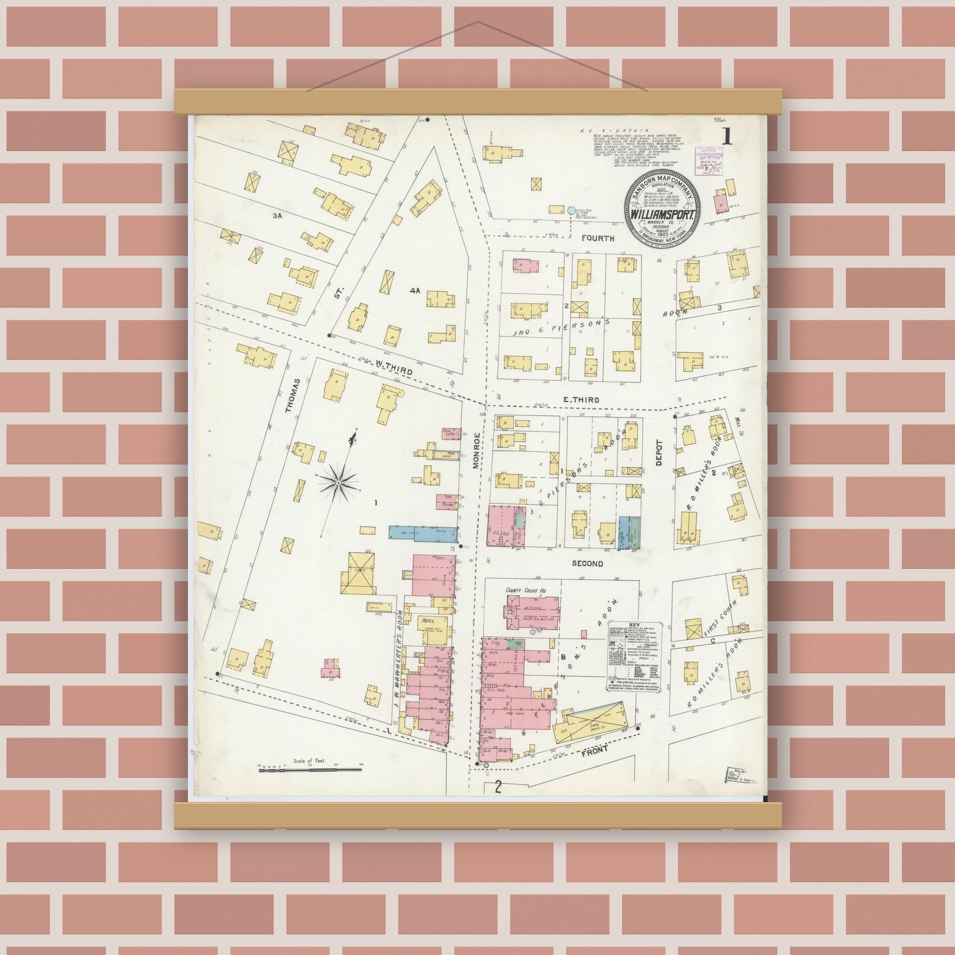 Old map wall art mockup — magnetic wood frame on brick wall — Sanborn Fire Insurance Map from Williamsport, Warren County, Indiana (1905) - Complete Map Set