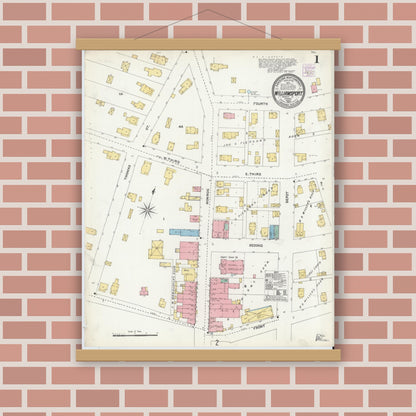 Old map wall art mockup — magnetic wood frame on brick wall — Sanborn Fire Insurance Map from Williamsport, Warren County, Indiana (1905) - Complete Map Set