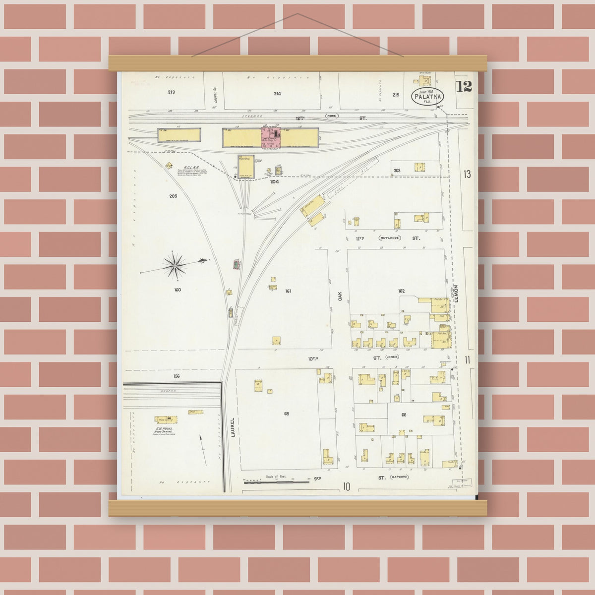 Old map wall art mockup — magnetic wood frame on brick wall — Sanborn Fire Insurance Map from Palatka, Putnam County, Florida (1903), Sheet #0012