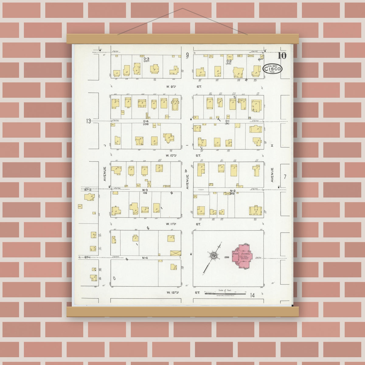 Old map wall art mockup — magnetic wood frame on brick wall — Sanborn Fire Insurance Map from Cisco, Eastland County, Texas (1920), Sheet #0010