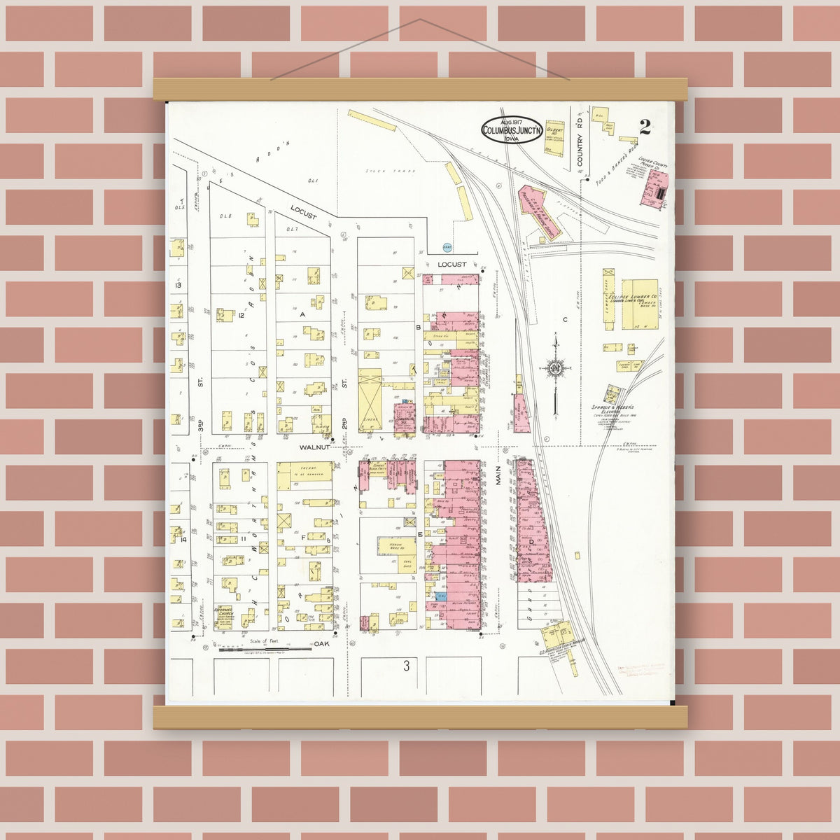 Old map wall art mockup — magnetic wood frame on brick wall — Sanborn Fire Insurance Map from Columbus Junction, Louisa County, Iowa (1917), Sheet #0002