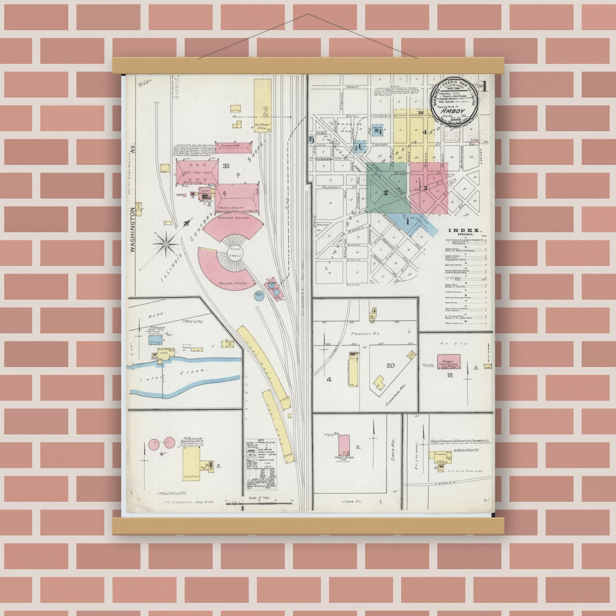 Old map wall art mockup — magnetic wood frame on brick wall — Sanborn Fire Insurance Map from Amboy, Lee County, Illinois (1892) - Complete Map Set