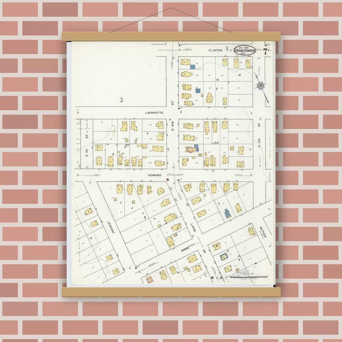 Old map wall art mockup — magnetic wood frame on brick wall — Sanborn Fire Insurance Map from Grand Haven, Ottawa County, Michigan (1920), Sheet #0007