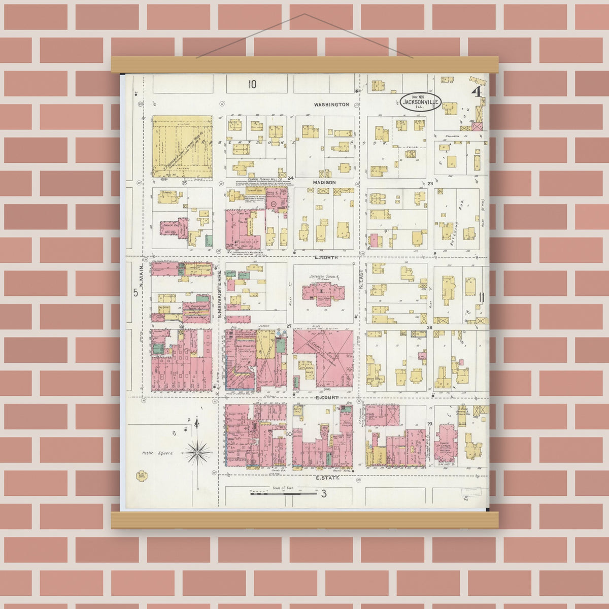 Old map wall art mockup — magnetic wood frame on brick wall — Sanborn Fire Insurance Map from Jacksonville, Morgan County, Illinois (1905), Sheet #0004