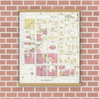 Old map wall art mockup — magnetic wood frame on brick wall — Sanborn Fire Insurance Map from Jacksonville, Morgan County, Illinois (1905), Sheet #0004