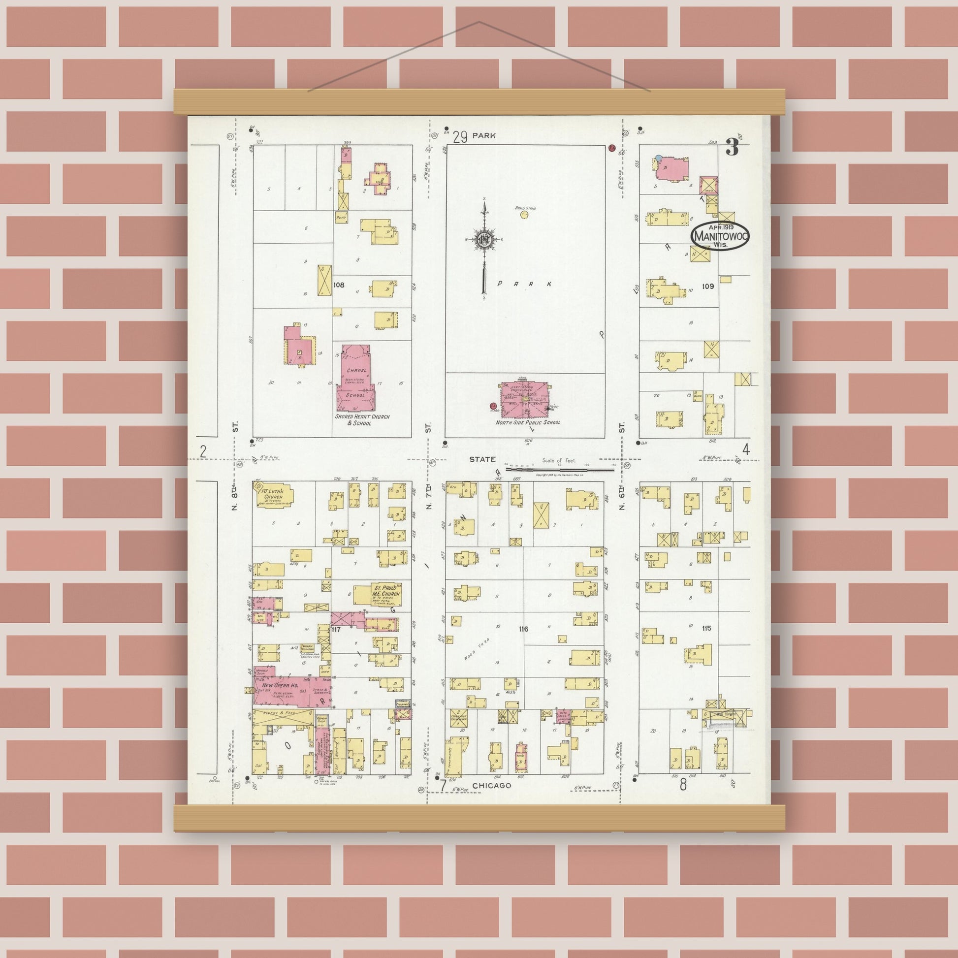 Old map wall art mockup — magnetic wood frame on brick wall — Sanborn Fire Insurance Map from Manitowoc, Manitowoc County, Wisconsin (1919), Sheet #0003