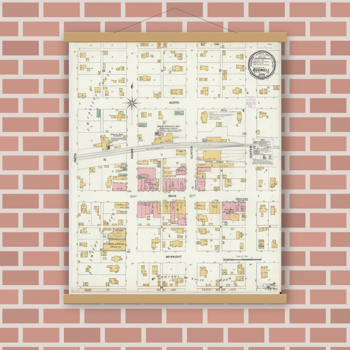 Old map wall art mockup — magnetic wood frame on brick wall — Sanborn Fire Insurance Map from Boswell, Benton County, Indiana (1901), Sheet #0001