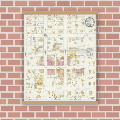 Old map wall art mockup — magnetic wood frame on brick wall — Sanborn Fire Insurance Map from Boswell, Benton County, Indiana (1901), Sheet #0001
