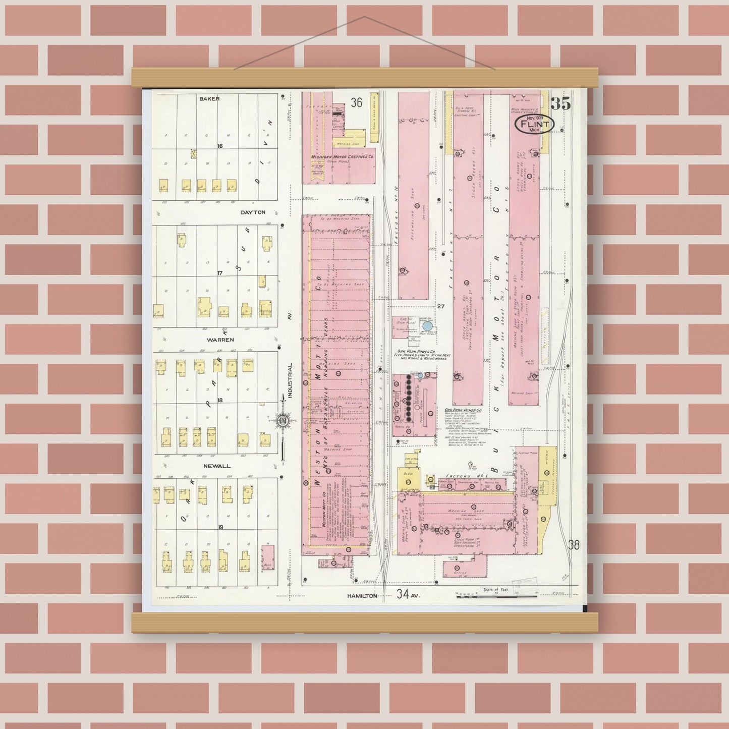 Old map wall art mockup — magnetic wood frame on brick wall — Sanborn Fire Insurance Map from Flint, Genesee County, Michigan (1909), Sheet #0035