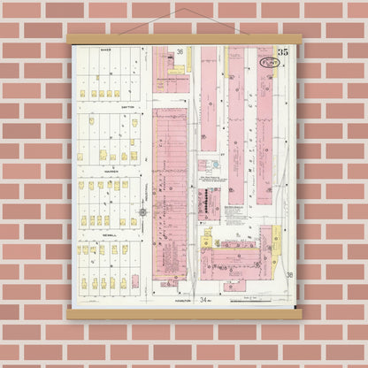 Old map wall art mockup — magnetic wood frame on brick wall — Sanborn Fire Insurance Map from Flint, Genesee County, Michigan (1909), Sheet #0035