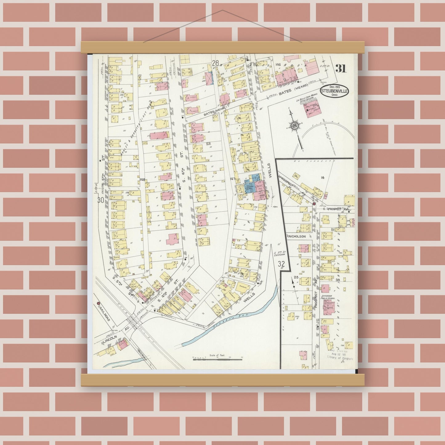 Old map wall art mockup — magnetic wood frame on brick wall — Sanborn Fire Insurance Map from Steubenville, Jefferson County, Ohio (1913), Sheet #0031