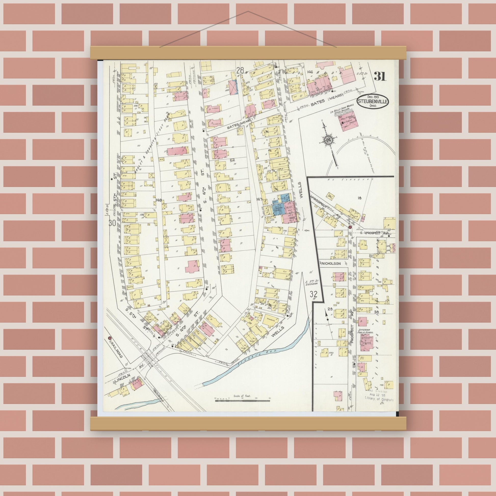 Old map wall art mockup — magnetic wood frame on brick wall — Sanborn Fire Insurance Map from Steubenville, Jefferson County, Ohio (1913), Sheet #0031
