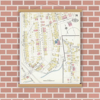 Old map wall art mockup — magnetic wood frame on brick wall — Sanborn Fire Insurance Map from Steubenville, Jefferson County, Ohio (1913), Sheet #0031