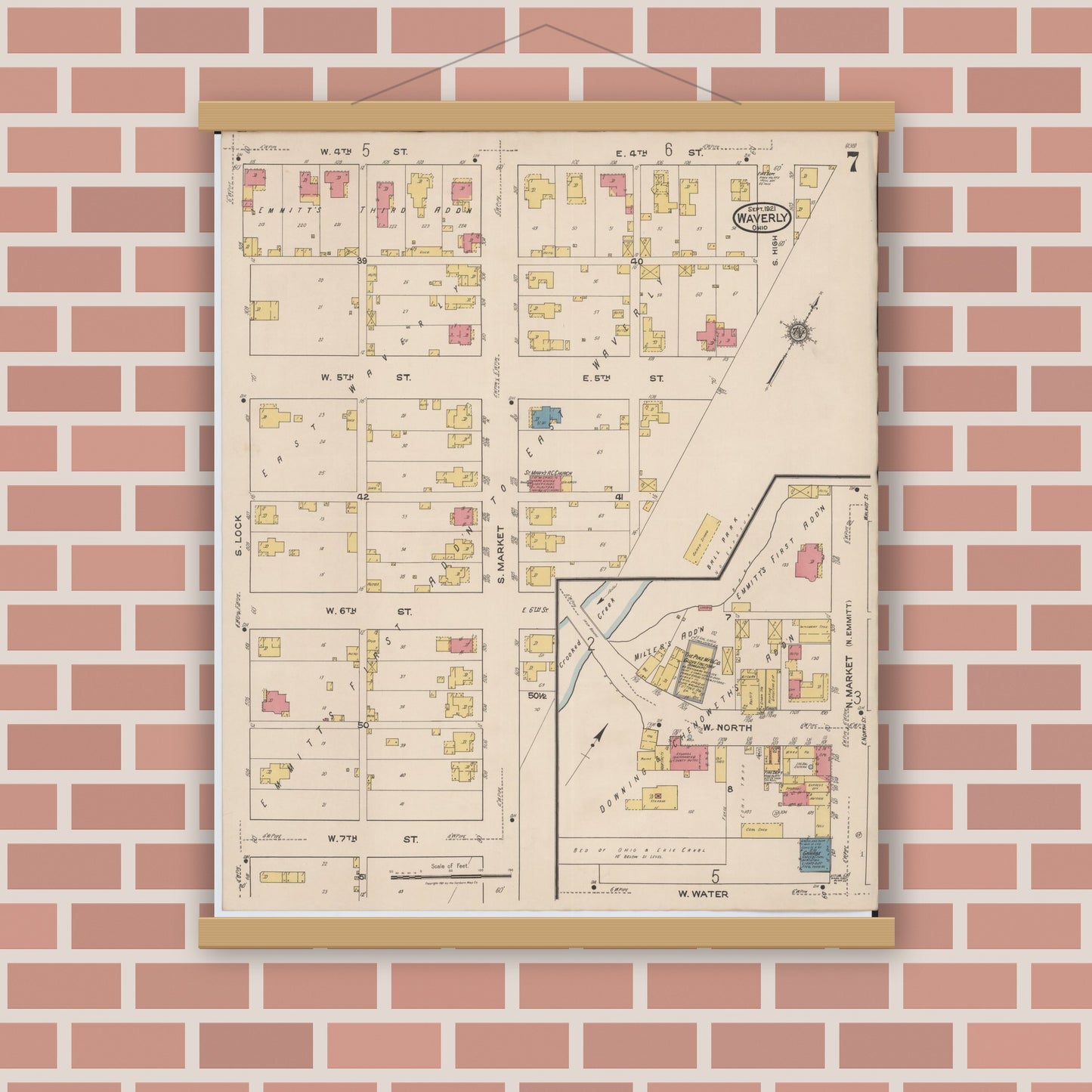 Old map wall art mockup — magnetic wood frame on brick wall — Sanborn Fire Insurance Map from Waverly, Pike County, Ohio (1921), Sheet #0007