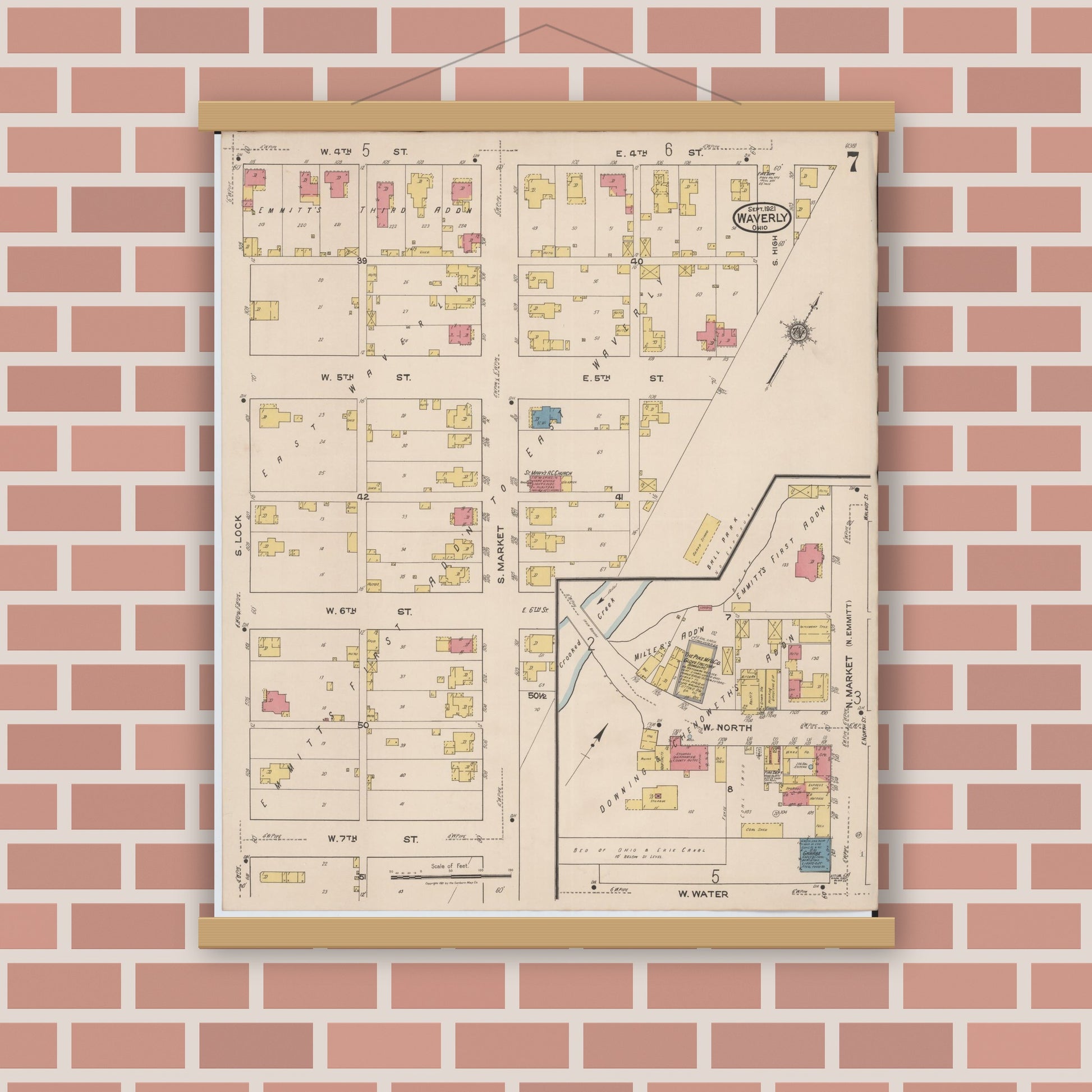 Old map wall art mockup — magnetic wood frame on brick wall — Sanborn Fire Insurance Map from Waverly, Pike County, Ohio (1921), Sheet #0007