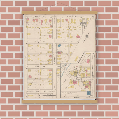 Old map wall art mockup — magnetic wood frame on brick wall — Sanborn Fire Insurance Map from Waverly, Pike County, Ohio (1921), Sheet #0007