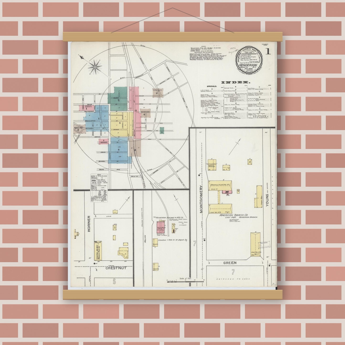 Old map wall art mockup — magnetic wood frame on brick wall — Sanborn Fire Insurance Map from Henderson, Vance County, North Carolina (1893) - Complete Map Set