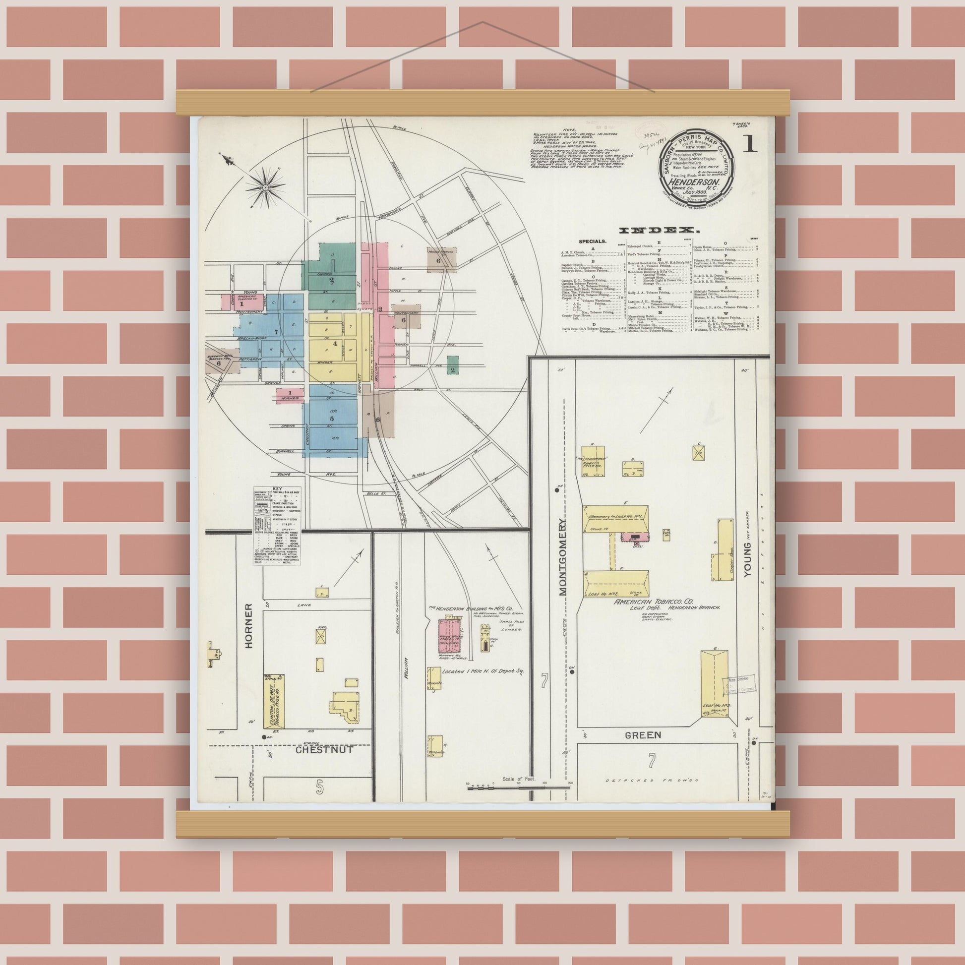 Old map wall art mockup — magnetic wood frame on brick wall — Sanborn Fire Insurance Map from Henderson, Vance County, North Carolina (1893) - Complete Map Set