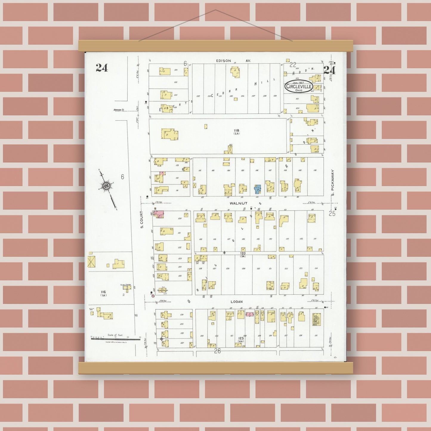Old map wall art mockup — magnetic wood frame on brick wall — Sanborn Fire Insurance Map from Circleville, Pickaway County, Ohio (1927), Sheet #0024