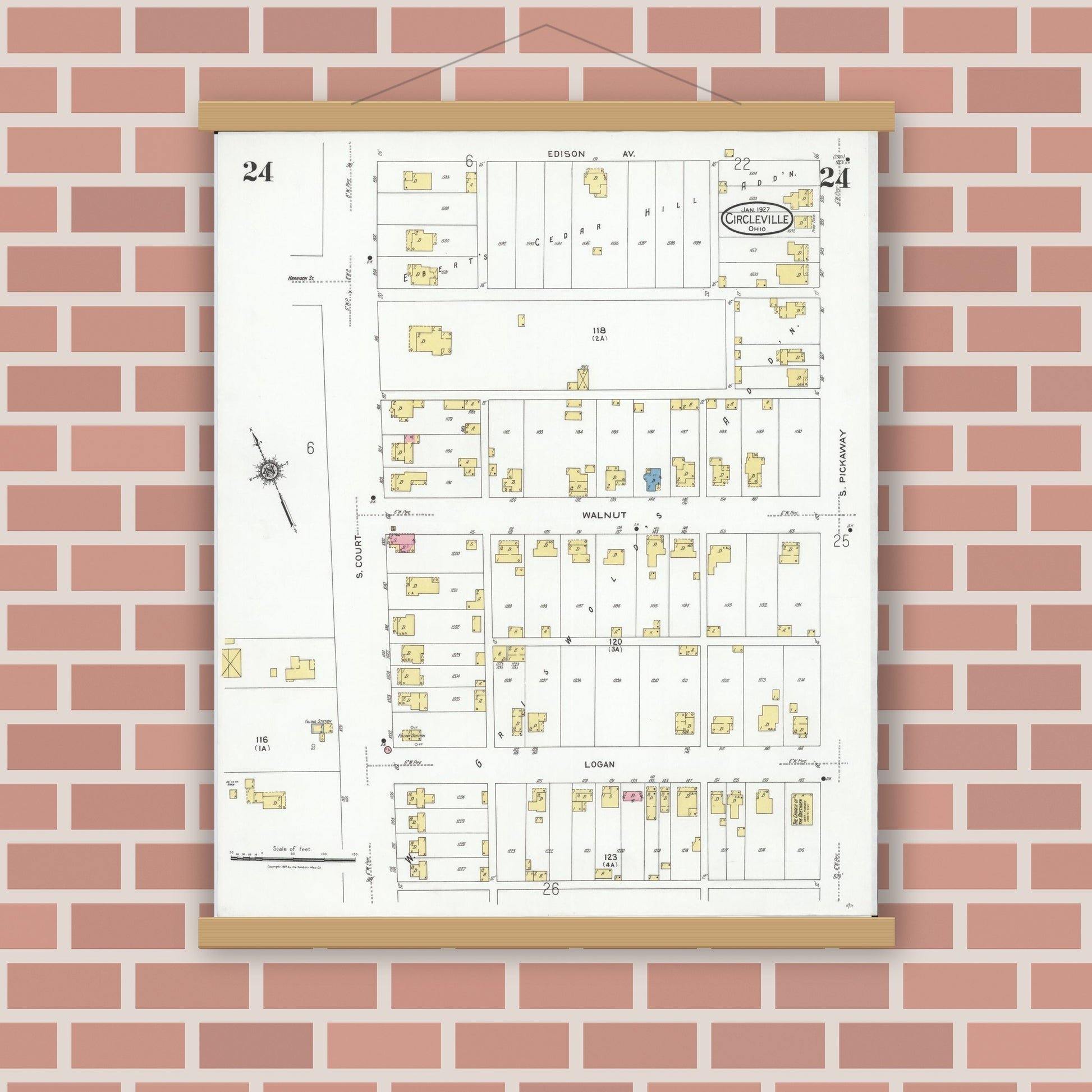 Old map wall art mockup — magnetic wood frame on brick wall — Sanborn Fire Insurance Map from Circleville, Pickaway County, Ohio (1927), Sheet #0024