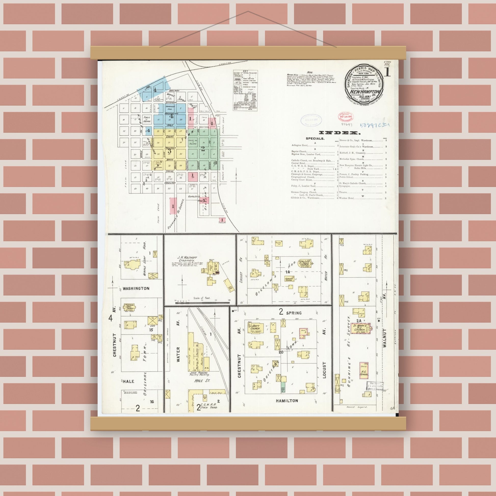 Old map wall art mockup — magnetic wood frame on brick wall — Sanborn Fire Insurance Map from New Hampton, Chickasaw County, Iowa (1897) â€” Complete Set