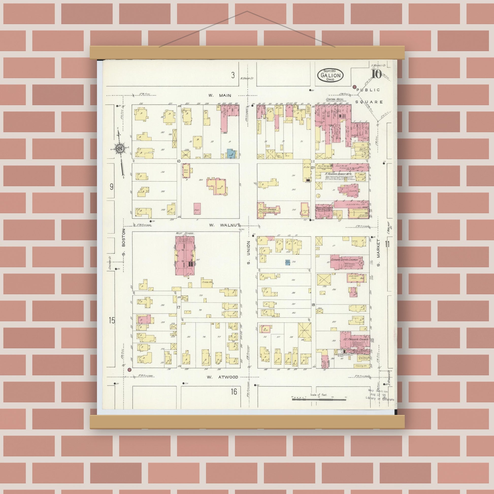 Old map wall art mockup — magnetic wood frame on brick wall — Sanborn Fire Insurance Map from Galion, Crawford County, Ohio (1913), Sheet #0010