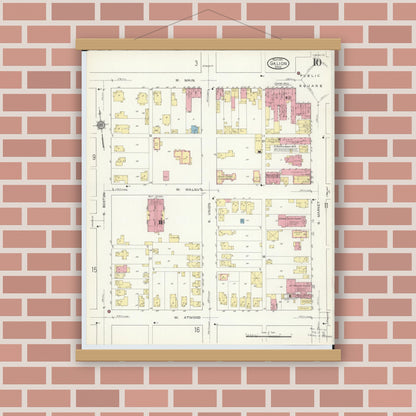 Old map wall art mockup — magnetic wood frame on brick wall — Sanborn Fire Insurance Map from Galion, Crawford County, Ohio (1913), Sheet #0010
