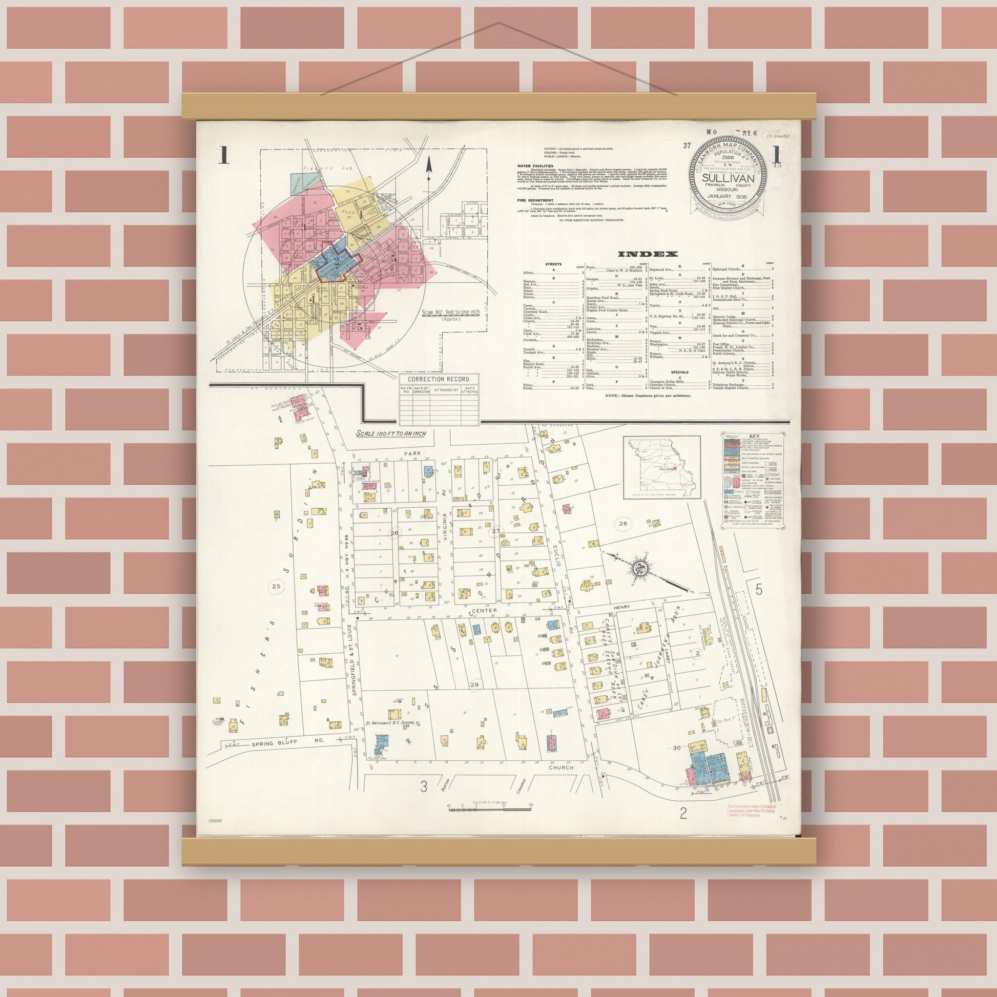 Old map wall art mockup — magnetic wood frame on brick wall — Sanborn Fire Insurance Map from Sullivan, Franklin County, Missouri (1936), Sheet #0001